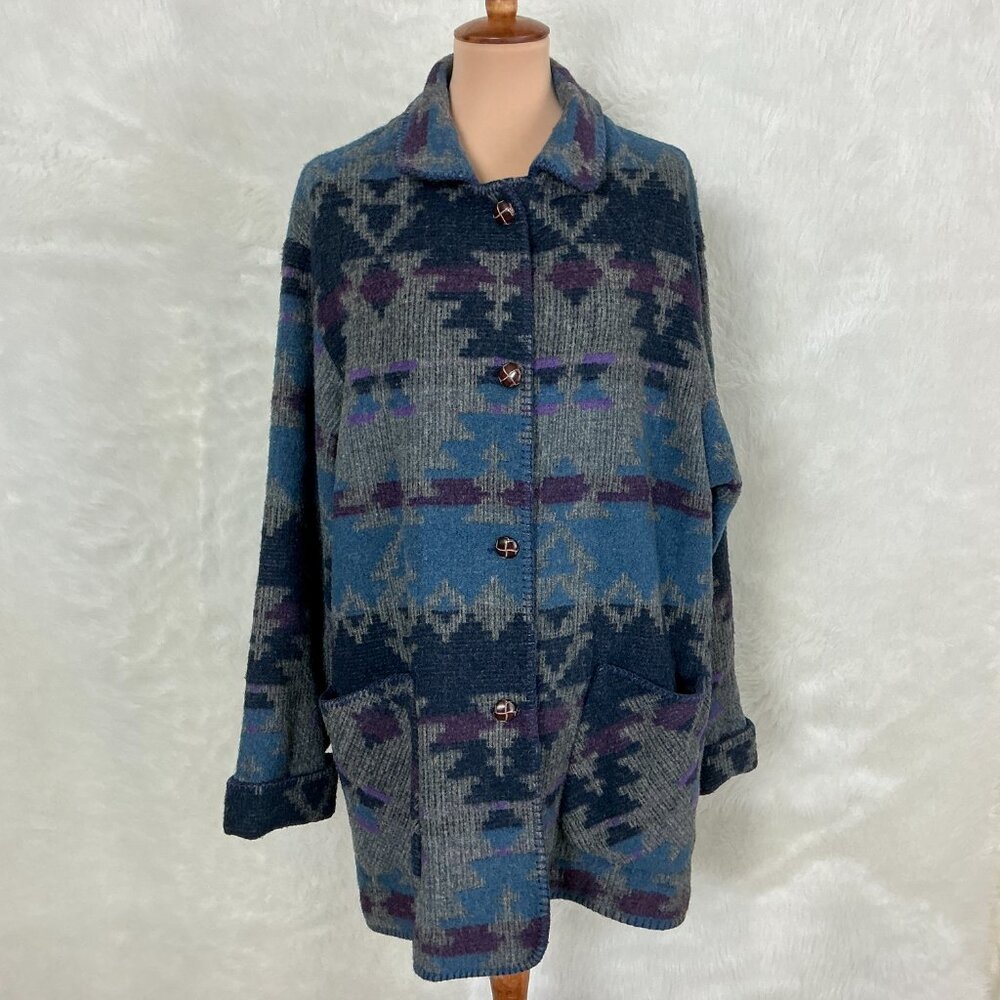 Vintage 90s Lands' End Gray Blue Southwestern Wool Blend Chore Jacket L (14-16)